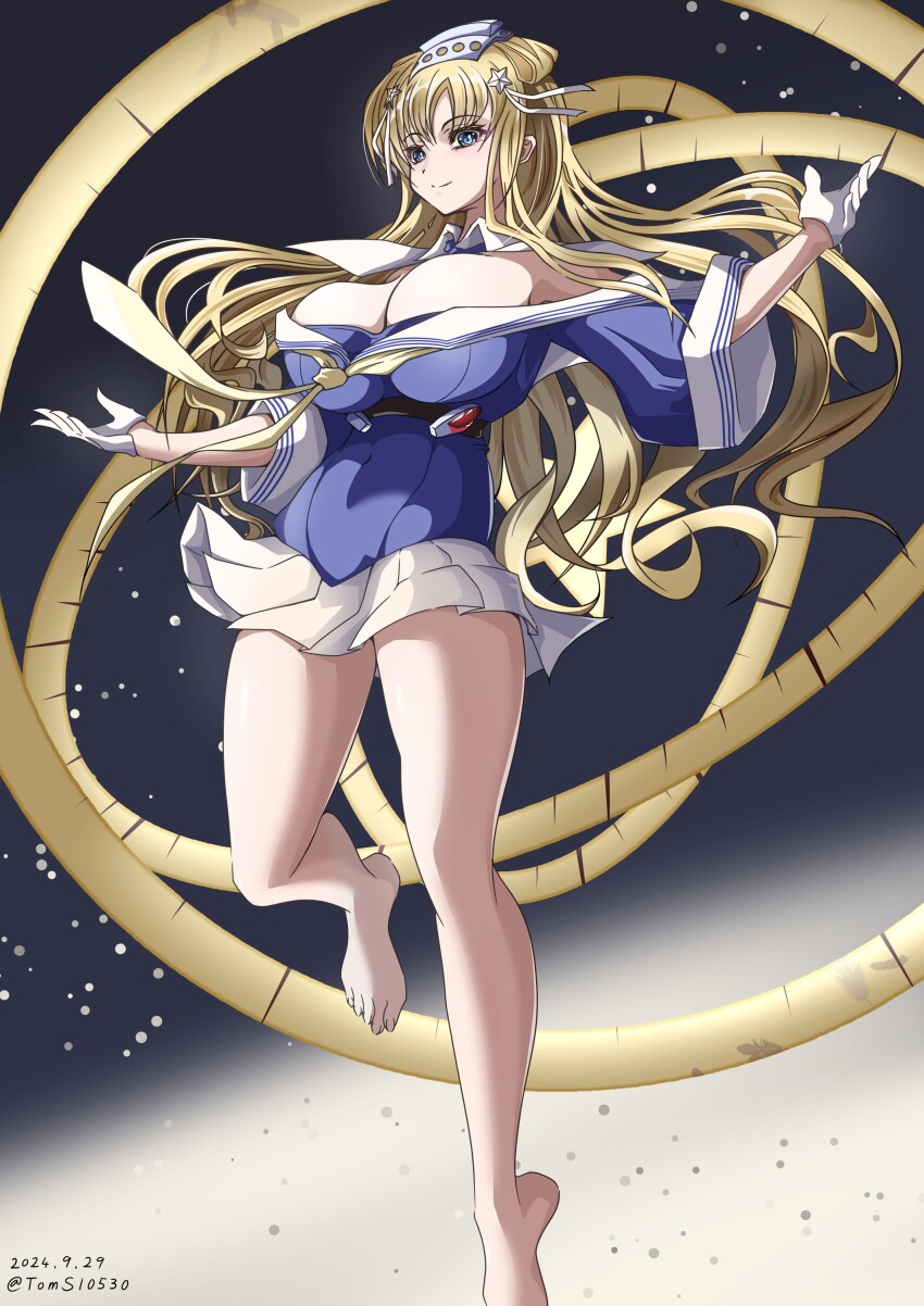 1girl absurdres armillary_sphere bare_legs barefoot blonde_hair blue_eyes blue_shirt breasts celestial_globe cleavage double_bun fletcher_(kancolle) gloves gundam hair_bun hair_ornament hairband halo highres kantai_collection large_breasts long_hair looking_at_viewer neckerchief off_shoulder path_to_nowhere sailor_collar school_uniform serafuku shirt skirt smile solo space standing standing_on_one_leg star_(symbol) star_hair_ornament stargazer_(path_to_nowhere) thighs toms white_sailor_collar white_skirt yellow_neckerchief