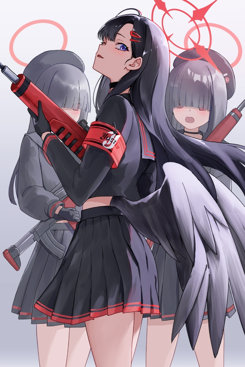 3girls absurdres armband asymmetrical_bangs black_gloves black_hair black_hat black_sailor_collar black_shirt black_skirt black_wings blue_archive blue_eyes blunt_bangs blush feathered_wings from_side gloves gun hair_ornament hair_over_eyes hairclip hat highres holding holding_gun holding_weapon ichika_(blue_archive) justice_task_force_member_(blue_archive) long_hair multiple_girls neckerchief noomaru_(nomorepeople) one_eye_closed open_mouth red_armband red_eyes red_neckerchief rifle sailor_collar shirt sidelocks skirt weapon wings