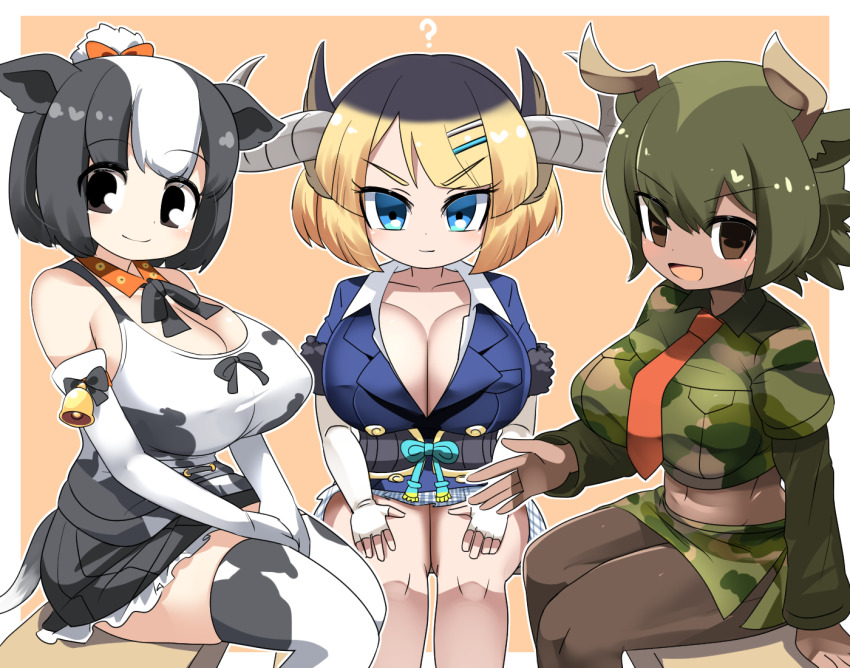 3girls :d ? animal_ears animal_print aurochs_(kemono_friends) black_bow black_bowtie black_hair black_skirt blonde_hair blue_shirt blush bow bowtie breasts brown_eyes brown_horns brown_pantyhose camouflage camouflage_shirt camouflage_skirt cleavage commentary_request cow_ears cow_girl cow_horns cow_print cow_print_thighhighs cow_tail dark-skinned_female dark_skin elbow_gloves feet_out_of_frame fingerless_gloves gloves green_hair grey_horns gyumaou_(kemono_friends) holstein_friesian_cattle_(kemono_friends) horns huge_breasts kemono_friends kemono_friends_3 large_breasts lets0020 looking_at_viewer midriff multicolored_hair multiple_girls navel necktie open_mouth orange_necktie pantyhose print_thighhighs shirt short_hair sitting skirt smile tail tank_top thighhighs two-tone_hair v-shaped_eyebrows white_gloves white_tank_top