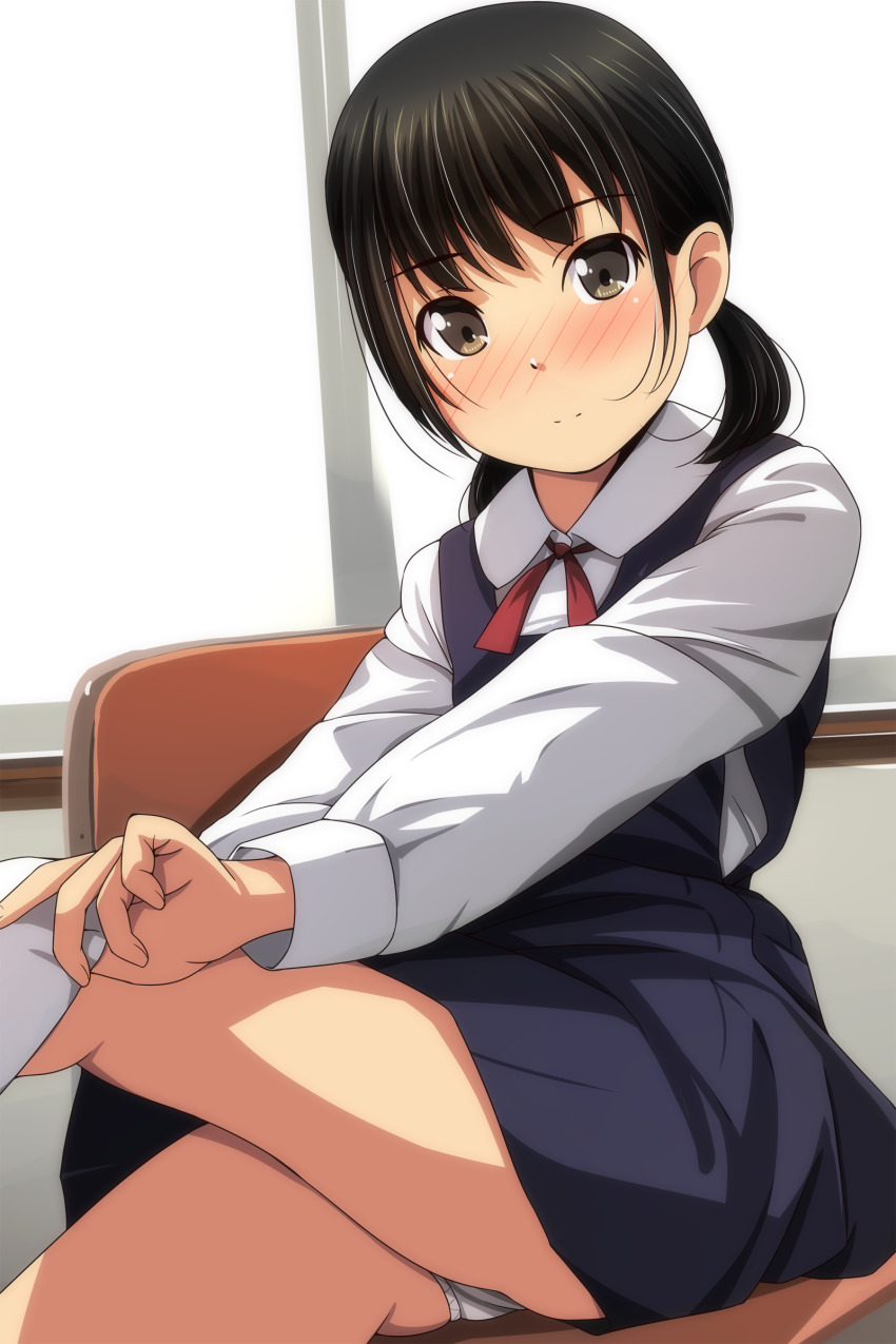 1girl absurdres ass black_hair blue_dress blush chair closed_mouth collared_shirt dress feet_out_of_frame highres kneehighs kneehighs_pull long_sleeves low_twintails matsunaga_kouyou nose_blush on_chair original panties pinafore_dress pleated_dress red_neckwear school_chair shirt sitting sleeveless sleeveless_dress smile socks solo twintails underwear white_panties white_shirt white_socks window