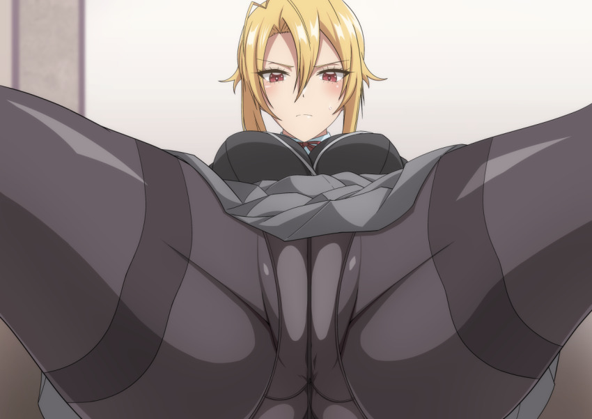1girl angelica_rapha_redgrave black_jacket black_legwear blazer blonde_hair breasts collared_shirt grey_skirt hair_behind_ear hair_between_eyes jacket large_breasts looking_at_viewer makiri_akira otome_game_sekai_wa_mob_ni_kibishii_sekai_desu panties red_eyes red_ribbon ribbon shirt sidelocks skirt solo spread_legs underwear