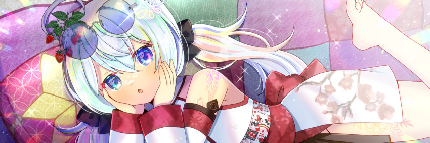 1girl bare_shoulders barefoot black_bow blue-framed_eyewear blue_eyes blush bow chestnut_mouth commission detached_sleeves dress eyewear_on_head flower food fruit green_hair grey_hair hair_between_eyes hair_bow kou_hiyoyo leg_up long_hair long_sleeves looking_at_viewer low_twintails lying multicolored_hair on_stomach original parted_lips pillow round_eyewear skeb_commission solo strawberry strawberry_blossoms streaked_hair twintails very_long_hair white_dress white_flower white_sleeves