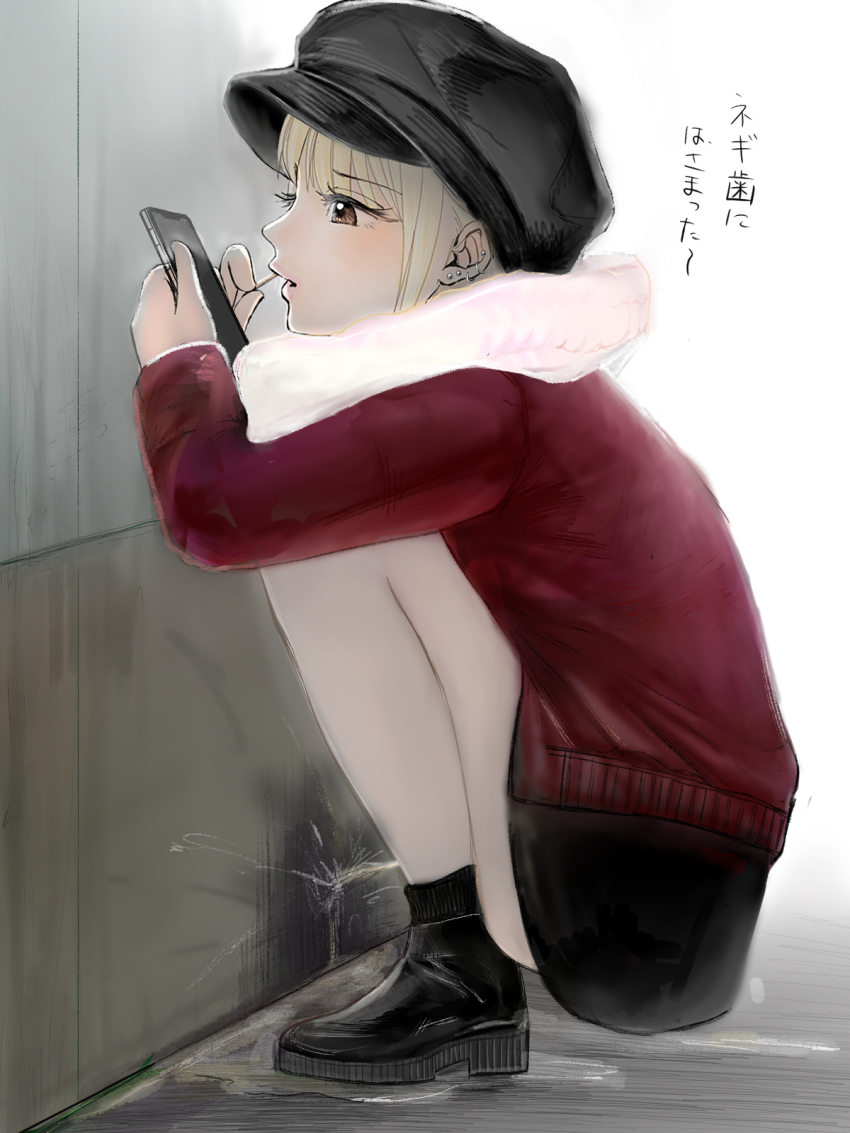 1girl alley black_footwear black_legwear black_skirt blonde_hair blush brown_eyes cellphone earrings highres holding jewelry long_sleeves looking_at_phone nonchalant nonchalant_peeing open_mouth peeing peeing_on_wall phone pink_scarf puddle red_sweater scarf shoes short_hair skirt smartphone socks squatting sweater tempura_dozaemon toothpick