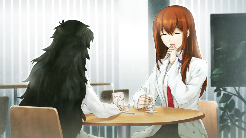 2015 2girls black_pantyhose black_shorts breast_pocket breasts brown_hair brown_jacket cafeteria closed_eyes collared_shirt cup eating facing_another game_cg green_hair hair_between_eyes hair_over_shoulder happy highres hiyajou_maho holding holding_cup huke indoors jacket lab_coat lapels laughing long_hair loose_necktie makise_kurisu messy_hair multiple_girls necktie non-web_source notched_lapels official_art open_mouth pantyhose plant pocket potted_plant purple_trim red_necktie round_table shirt shorts sitting small_breasts smile steins;gate steins;gate_0 table tongue very_long_hair white_shirt