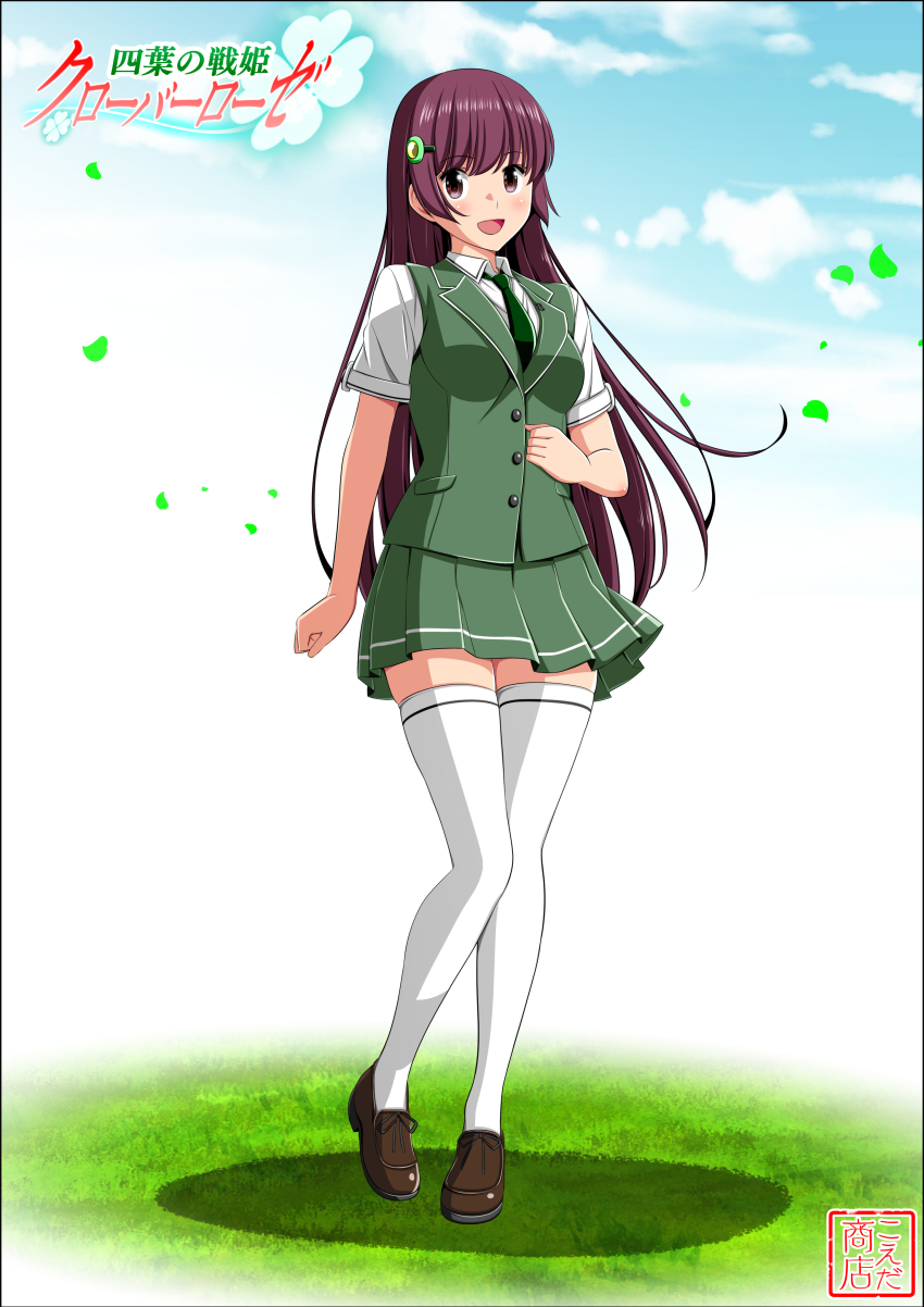 1girl absurdres arm_at_side blush breasts brown_shoes buttons choppy_bangs collared_shirt falling_petals green_necktie green_skirt green_vest hair_ornament hairclip happy hasumi_ren_(clover_rose) highres knees_together_feet_apart koeda0111 long_hair medium_breasts miniskirt necktie open_mouth original petals pleated_skirt pocket school_uniform shirt shoes skirt slim_legs solo standing thighhighs vest white_shirt white_thighhighs yotsuba_no_senki_clover_rose zettai_ryouiki
