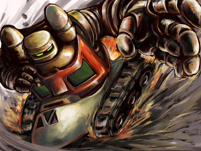 armor caterpillar_tracks drifting full_body getter-3 getter_robo getter_robo_(classic) green_eyes highres looking_at_viewer mecha mecha_focus multicolored_armor no_humans reaching reaching_towards_viewer red_armor robot solo sparks super_robot user_dfxs4583 yellow_armor