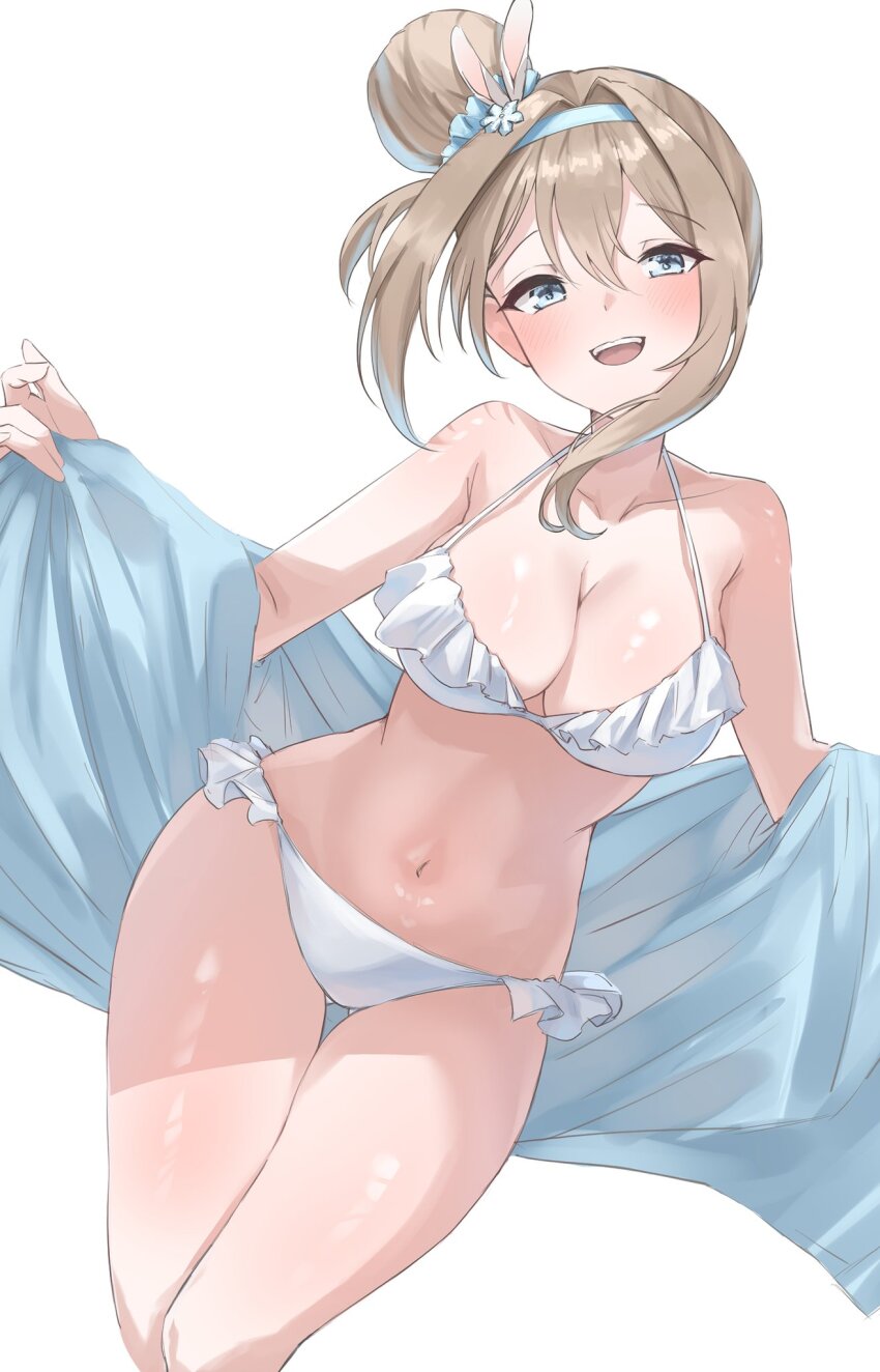 1girl bikini blue_eyes breasts cleavage collarbone frilled_bikini frills girls&#039;_frontline hair_between_eyes hair_bun hair_intakes hairband highres large_breasts looking_at_viewer navel official_alternate_costume open_mouth smile solo stomach suomi_(girls&#039;_frontline) suomi_(midsummer_pixie)_(girls&#039;_frontline) swimsuit thigh_gap wano117_wa white_bikini