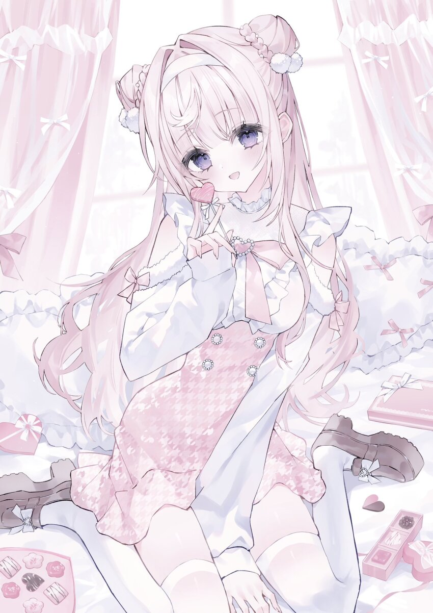 1girl bow bowtie breasts brown_shoes bun_with_braided_base candy clothing_cutout curtains food hair_intakes hair_ornament hairband head_tilt heart heart-shaped_food heart-shaped_lollipop heart-shaped_pillow high-waist_skirt highres himeno_aimu holding holding_candy holding_food holding_lollipop houndstooth indie_virtual_youtuber indoors lollipop long_hair long_sleeves medium_breasts noah_(0noah) open_mouth pillow pink_bow pink_bowtie pink_hair pink_skirt pink_theme platform_heels pom_pom_(clothes) pom_pom_hair_ornament purple_eyes shaped_lollipop shirt shoes shoulder_cutout sitting skirt sleeve_bow smile tareme thighhighs virtual_youtuber wariza white_hairband white_shirt white_thighhighs window
