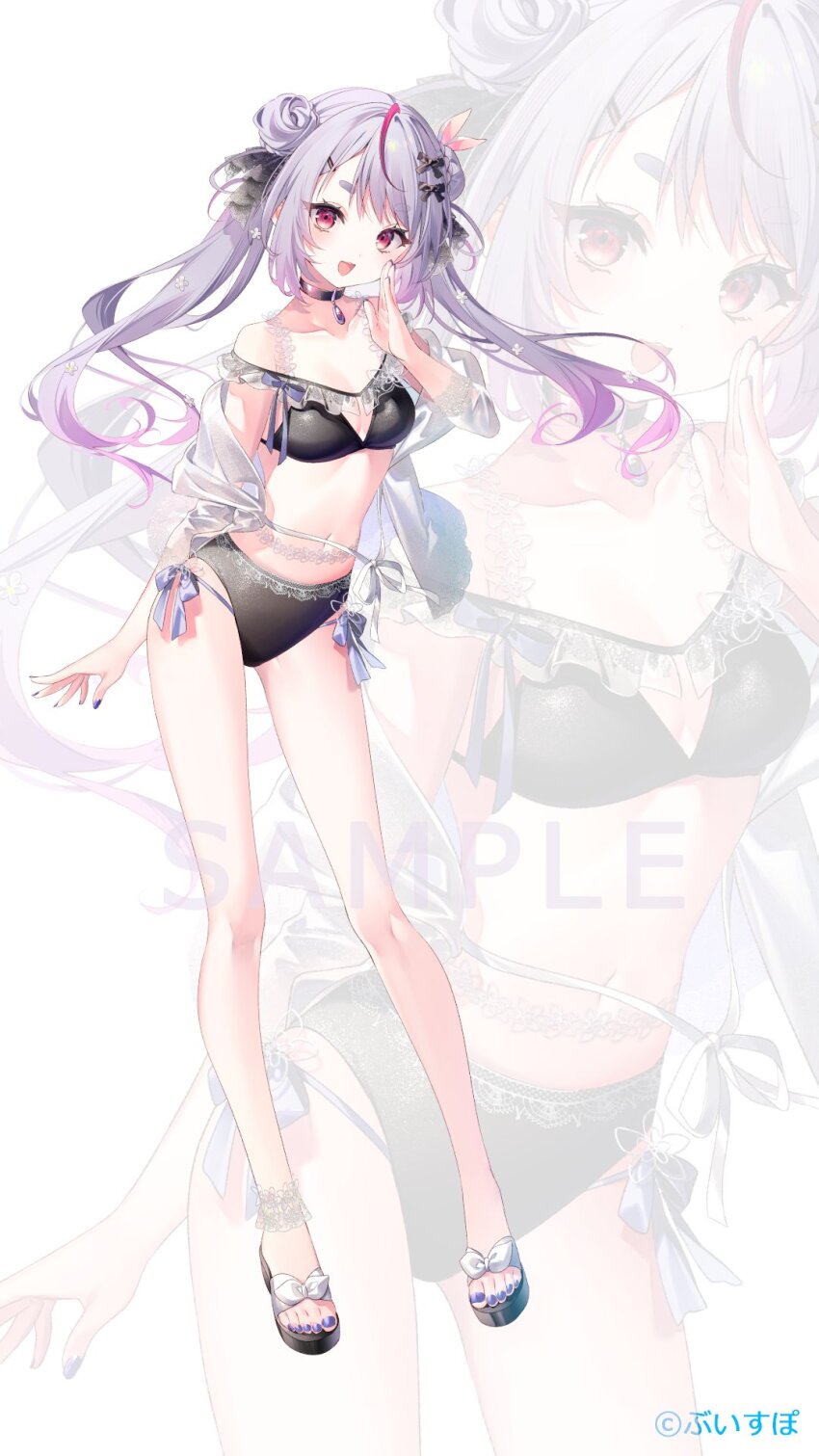 1girl bare_shoulders bikini black_bikini black_sandals breasts floating_hair full_body gradient_hair grey_hair hair_bun hand_up highres long_hair looking_at_viewer medium_breasts multicolored_hair navel official_art open_mouth pink_eyes pink_hair purple_hair riichu sample_watermark sandals simple_background single_hair_bun smile solo standing stomach streaked_hair swimsuit toenails tosaki_mimi tosaki_mimi_(vspo!_summer_2024) virtual_youtuber vspo! watermark white_background zoom_layer