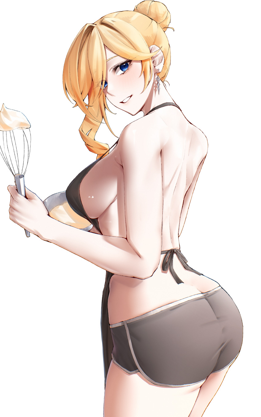 1girl absurdres apron ass back black_shoes blonde_hair blue_eyes breasts commentary_request denim denim_shorts durandal_(honkai_impact) earrings highres holding holding_whisk honkai_(series) honkai_impact_3rd jewelry korean_commentary large_breasts medium_hair nearly_naked_apron pyeong_il shoes shorts sideboob solo thighs whisk