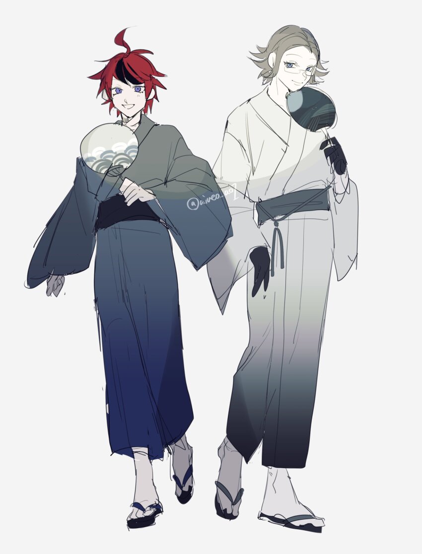 2boys alternate_costume aotsuki_eito black_gloves black_hair blue_eyes blue_kimono closed_mouth eyelashes full_body glasses gloves gradient_clothes gradient_kimono grey_hair grey_kimono grin hand_fan hand_up highres holding holding_fan japanese_clothes kimono looking_at_viewer male_focus multicolored_hair multiple_boys open_mouth parted_hair red_hair sandals simple_background smile streaked_hair sumino_takumi the_hundred_line_-last_defense_academy- white_background white_kimono