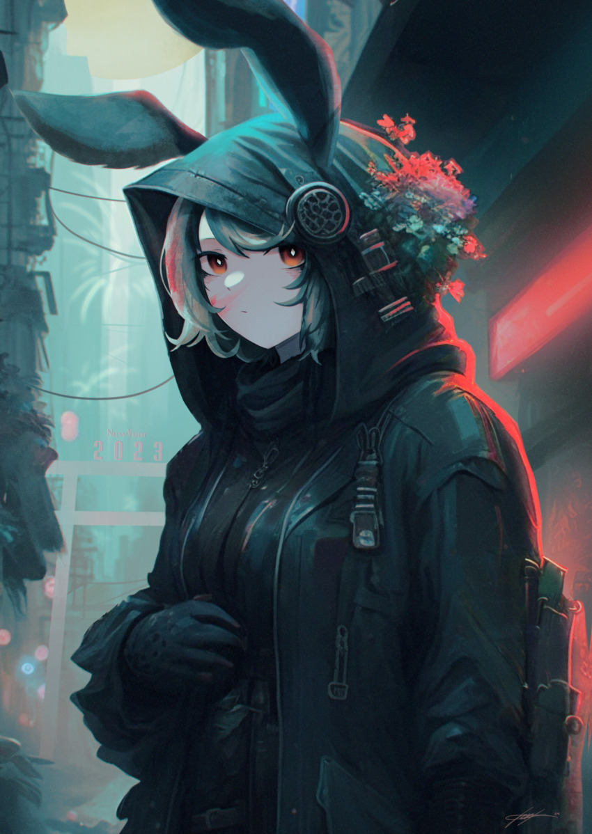 1girl alley animal_ears gloves happy_new_year highres hood hooded_jacket jacket new_year orange_eyes original rabbit_ears red_light sutorobo72 torii
