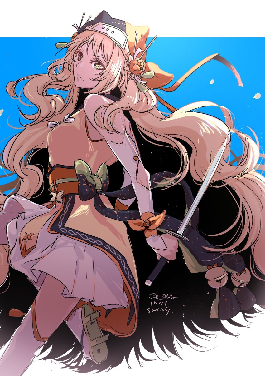 1girl absurdres blonde_hair celine_(fire_emblem) celine_(ninja)_(fire_emblem) closed_mouth dagger detached_sleeves fire_emblem fire_emblem_engage fire_emblem_heroes green_eyes hair_ornament highres holding holding_dagger holding_knife holding_weapon kanzashi knife long_hair looking_at_viewer ninja nintendo obi obijime official_alternate_costume sash solo umi_(_oneinchswing) very_long_hair weapon white_sleeves