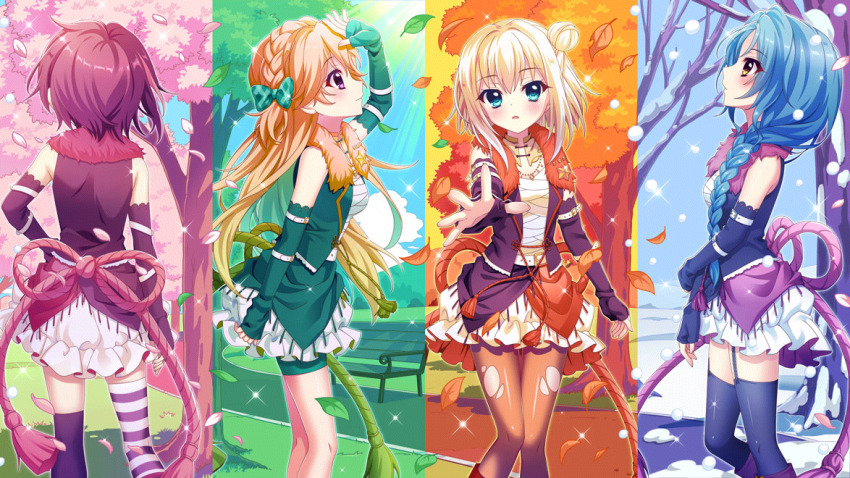 4girls aqua_hair arm_belt arm_up asymmetrical_legwear autumn autumn_leaves bandou_mikuru belt bench black_gloves black_jacket blonde_hair blue_eyes blue_gloves blue_thighhighs blue_vest blush bow braid breasts cherry_blossoms cherry_tree cloud crown_braid day elbow_gloves facing_away falling_leaves falling_petals film_grain fingerless_gloves from_side fur-trimmed_vest fur_trim game_cg gloves green_bow green_gloves green_vest haeno_akari hair_bow hair_bun hand_on_own_arm hand_on_own_hip izumi_tsubasu jacket leaf long_braid long_hair looking_at_viewer looking_up medium_breasts multicolored_hair multiple_belts multiple_girls nishidate_haku non-web_source official_art orange_pantyhose outdoors outstretched_arm pantyhose park_bench petals pink_hair pink_petals purple_eyes purple_gloves purple_hair purple_thighhighs purple_trim re:stage! reaching reaching_towards_viewer red_trim rope sarashi seasons shimenawa shirokita_kuroha short_hair single_braid single_side_bun skirt snow snowing sparkle spring_(season) star_(symbol) streaked_hair striped_clothes striped_thighhighs summer sunlight thighhighs torn_clothes torn_pantyhose tree two-tone_hair vest white_belt white_skirt white_thighhighs winter wooden_bench yellow_eyes yellow_trim