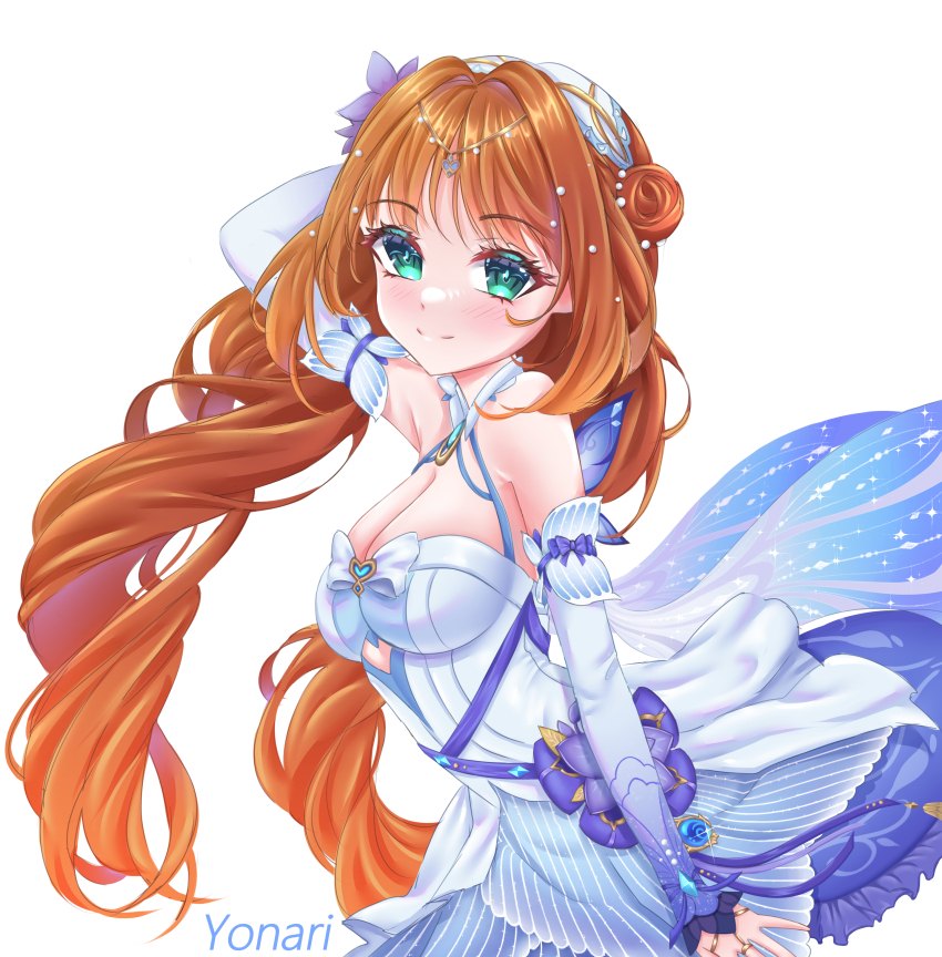 1girl absurdres aqua_eyes arm_up artist_name bare_shoulders blue_dress blue_gemstone blue_sleeves blush bow breasts circlet cleavage closed_mouth commentary detached_sleeves dress from_side gem genshin_impact gradient_sleeves hair_bun hand_in_own_hair highres hydro_symbol_(genshin_impact) long_hair looking_at_viewer looking_to_the_side medium_breasts nilou_(breeze_of_sabaa)_(genshin_impact) nilou_(genshin_impact) official_alternate_costume purple_bow purple_ribbon red_hair ribbon simple_background sleeveless sleeveless_dress smile solo very_long_hair vision_(genshin_impact) white_background yonari