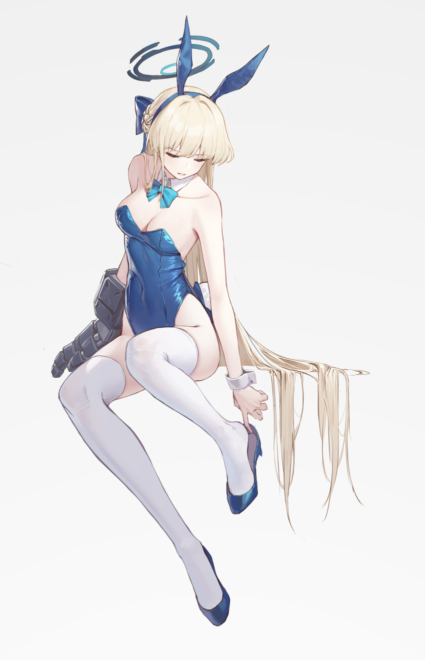 1girl absurdres adjusting_footwear animal_ears blonde_hair blue_archive blue_bow blue_bowtie blue_leotard bow bowtie closed_eyes detached_collar fake_animal_ears fake_tail full_body halo highleg highleg_leotard highres leotard long_hair mechanical_arms official_alternate_costume playboy_bunny rabbit_ears rabbit_tail single_mechanical_arm sitting soeyumi strapless strapless_leotard tail toki_(blue_archive) toki_(bunny)_(blue_archive) wrist_cuffs