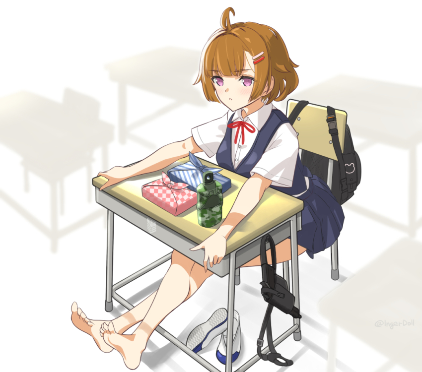 1girl bag barefoot black_bag blue_skirt blue_vest brown_hair chair girls&#039;_frontline grizzly_mkv_(girls&#039;_frontline) gun hair_ornament hairclip handgun holstered ingerdoll l.a.r._manufacturing lar_grizzly_win_mag looking_at_viewer neck_ribbon pistol purple_eyes ribbon school school_bag school_chair school_uniform shirt shoes short_hair simple_background sitting skirt soles solo table toes unworn_shoes uwabaki vest weapon white_shirt