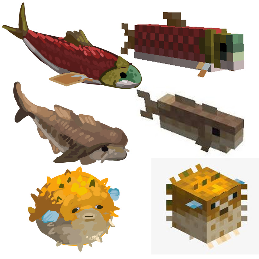 absurdres animal animal_focus cod_(minecraft) commentary english_commentary fins fish highres mapleslip minecraft no_humans painterly puffer_fish pufferfish_(minecraft) reference_inset salmon_(fish) salmon_(minecraft) simple_background tail white_background