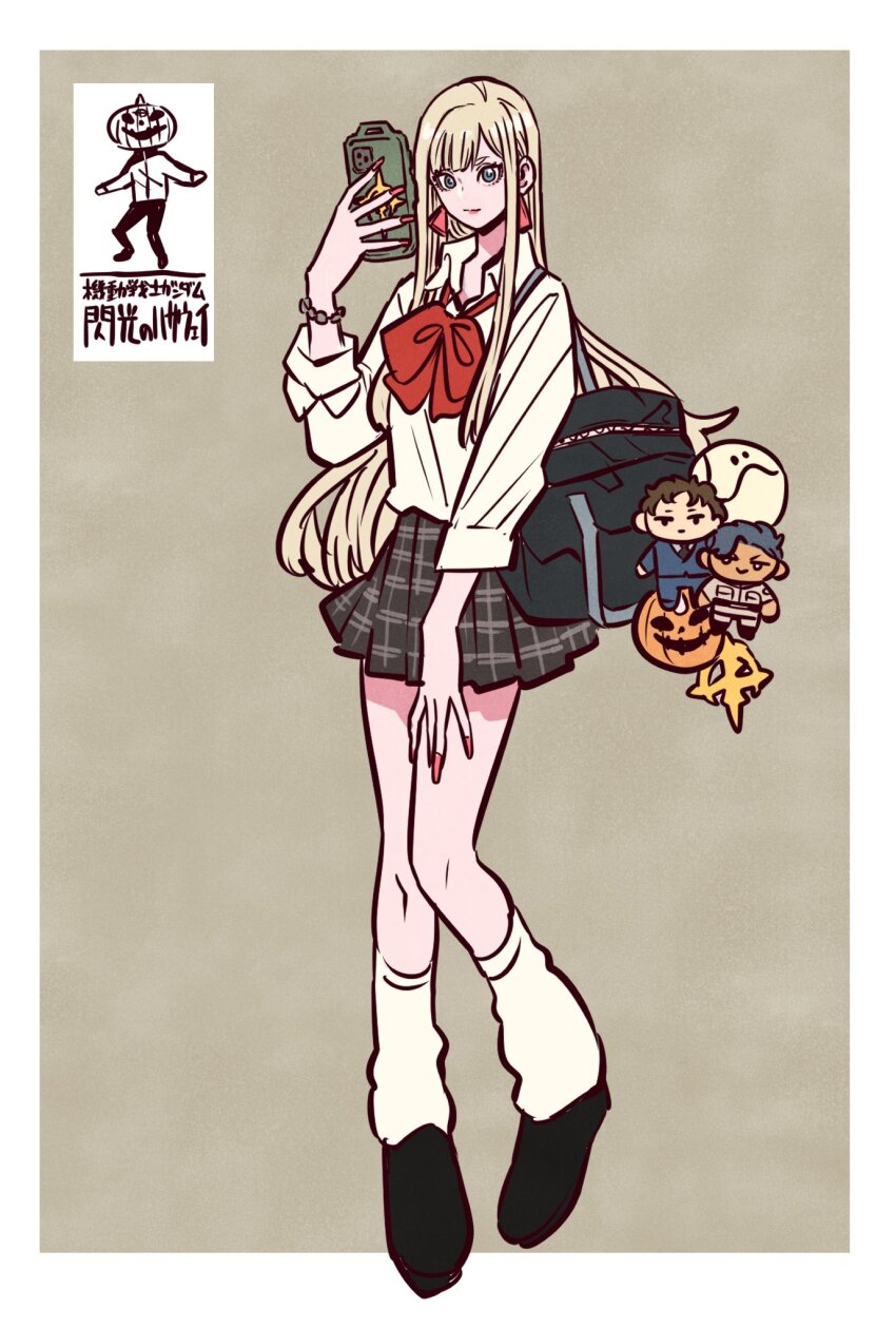 1girl alternate_costume bag black_bag black_shoes black_skirt blonde_hair border bow bowtie bracelet brown_background cellphone character_charm charm_(object) closed_mouth collared_shirt commentary_request copyright_name earrings fingernails full_body gigi_andalusia green_eyes gundam gundam_hathaway&#039;s_flash hand_on_own_thigh hand_up haro hathaway_noa highres holding holding_phone jewelry kenneth_sleg lipstick long_hair long_sleeves looking_at_viewer loose_socks mafti_nabiyu_erin makeup outside_border phone pink_lips plaid_clothes plaid_skirt pleated_skirt pumpkin red_bow red_nails school_uniform shirt shoes shoulder_bag sidelocks simple_background skirt smartphone smile socks solo standing takeuchi_ryousuke triangle_earrings very_long_fingernails very_long_hair white_border white_shirt white_socks wing_collar