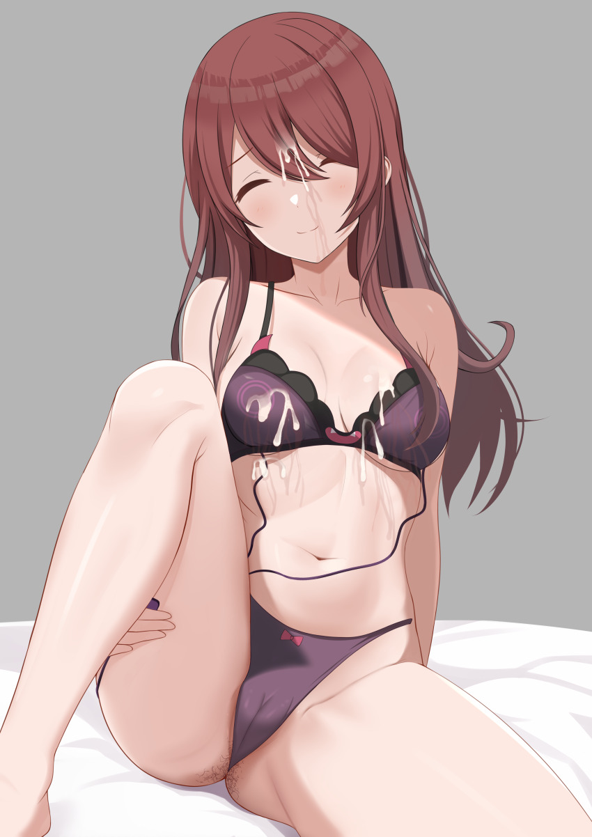 1girl absurdres baji_toufuu_(bajitohfu) bed_sheet bow bow_panties bra breasts brown_hair cameltoe closed_eyes closed_mouth collarbone commentary_request cum cum_on_body cum_on_clothes cum_on_stomach debi_tarou facial grey_background hair_between_eyes highres idolmaster idolmaster_shiny_colors invisible_chair knee_up long_hair looking_at_viewer medium_breasts navel osaki_tenka panties print_bra purple_bra purple_panties simple_background sitting smile solo thighs underwear underwear_only yellow_eyes