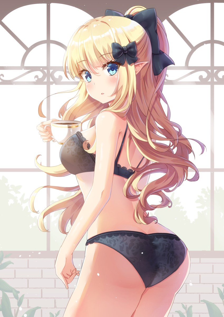 1girl absurdres ass black_bow black_bra black_panties blonde_hair blue_eyes bow bra breasts cup elf from_behind hair_bow hand_up highres holding holding_cup holmemee lace lace-trimmed_bra lace-trimmed_panties lace_trim large_breasts lingerie long_hair looking_at_viewer open_mouth panties pointy_ears ponytail princess_connect! purple_bow saren_(princess_connect!) solo teacup underwear underwear_only very_long_hair window