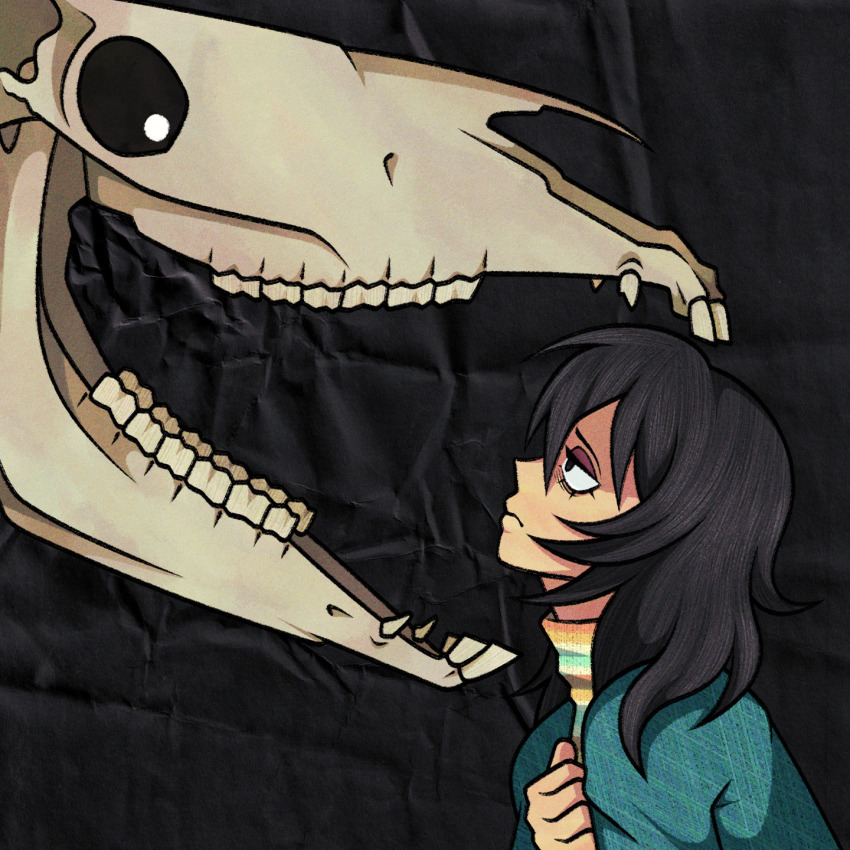 1girl animal_skeleton anya_(mouthwashing) black_eyes black_hair blue_jacket closed_mouth clutching_chest cryptidhermit highres jacket long_eyelashes long_hair long_sleeves looking_at_another mouthwashing paper_texture short_hair solo sweater
