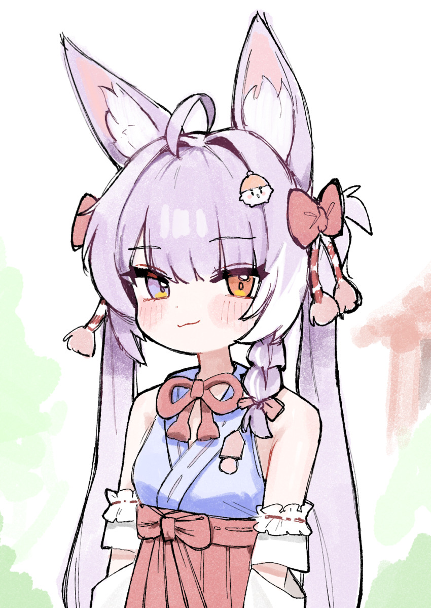 1girl :3 ahoge animal_ears blue_eyes breasts closed_mouth commentary_request eggrice_v fox_ears fox_girl heterochromia highres japanese_clothes long_hair orange_eyes small_breasts solo stellive tenko_shibuki twintails upper_body very_long_hair
