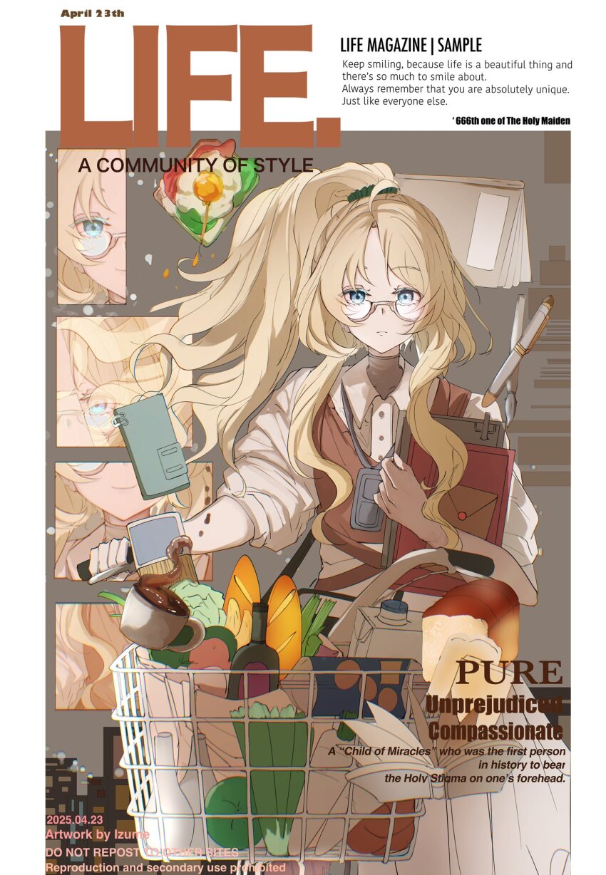 1girl alternate_costume bicycle blonde_hair blue_eyes bread brown_vest cover cowboy_shot duel_monster ecclesia_(yu-gi-oh!) english_text fake_cover food glasses highres holding long_hair semi-rimless_eyewear solo under-rim_eyewear uragawai vest watermark yu-gi-oh!