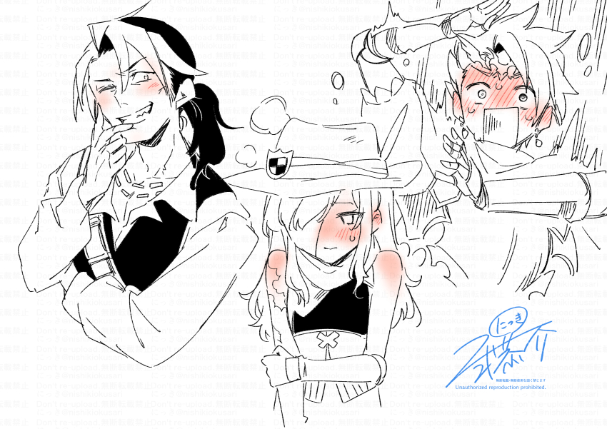 absurdres arm_up armor bare_shoulders blush breastplate character_request closed_mouth crop_top etrian_odyssey gauntlets grin hair_between_eyes hand_on_own_elbow hat highres long_hair multicolored_hair nikki_kyousuke nose_blush one_eye_closed open_mouth ponytail puffy_short_sleeves puffy_sleeves short_sleeves signature simple_background smile sweat thick_eyebrows two-tone_hair v-shaped_eyebrows watermark white_background