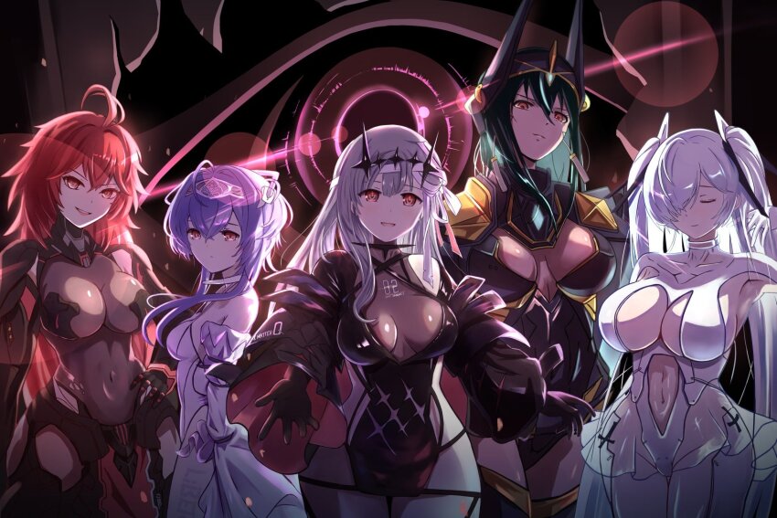 5girls ahoge armor armored_leotard black_dress black_gloves bodystocking bodysuit boobplate breastplate breasts cinderella_(nikke) cleavage cleavage_cutout clothing_cutout detached_sleeves diadem dress earrings frills gloves goddess_of_victory:_nikke green_hair grey_hair hair_between_eyes hair_intakes hair_ribbon headband headgear highres indivilia_(nikke) jewelry large_breasts leotard liberalio_(nikke) long_hair looking_at_viewer lunati_nikke marian_(nikke) medium_breasts modernia_(nikke) modernia_(second_affection)_(nikke) multiple_girls navel_cutout nihilister_(nikke) orange_eyes pink_ribbon purple_hair red_eyes red_hair ribbon see-through_clothes see-through_cleavage see-through_skirt short_hair sidelocks skirt torn_bodystocking torn_clothes twintails very_long_sleeves white_bodysuit white_hair