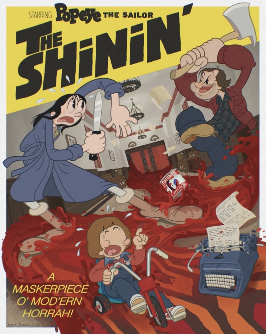 axe blood danny_torrance highres holding holding_axe jack_torrance knife official_art olive_oyl_(popeye) popeye popeye_the_sailor scared smile source_request spinach swee&#039;pea the_shining toddler tricycle typewriter wendy_torrance