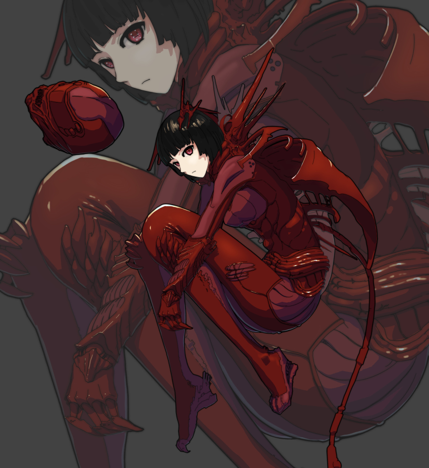 1girl absurdres benisuzume_(gauna) black_hair blunt_bangs bodysuit chuxin_de_mao female_focus fetal_position full_body gauna grey_background highres red_eyes short_hair sidonia_no_kishi solo zoom_layer