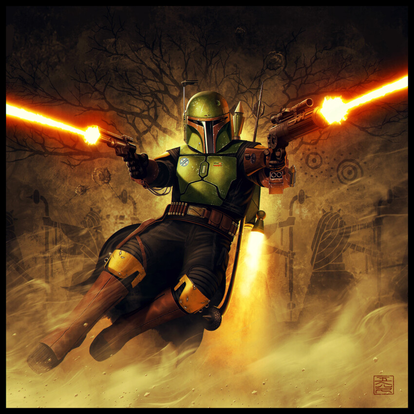 1boy 5health absurdres armor black_border black_gloves black_pants boba_fett boots border breastplate brown_boots dual_wielding full_body gloves green_armor gun handgun helmet highres holding holding_gun holding_weapon jetpack laser mandalorian mandalorian_armor mandalorian_helmet outside_border pants signature solo star_wars weapon
