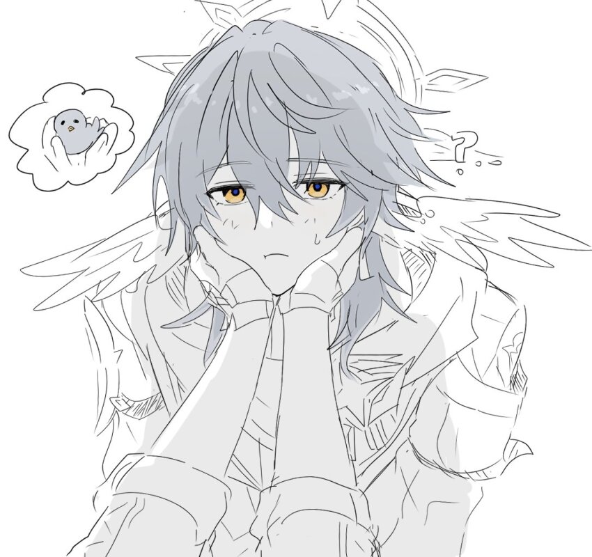 2boys :t ? blush caelus_(honkai:_star_rail) closed_mouth dot_nose grey_hair hair_between_eyes halo hands_on_another&#039;s_face head_wings honkai:_star_rail honkai_(series) image_in_speech_bubble long_sleeves male_focus medium_hair multiple_boys multiple_wings outstretched_arms simple_background sketch solo solo_focus speech_bubble sunday_(honkai:_star_rail) sweatdrop trailblazer_(honkai:_star_rail) white_background wings yellow_eyes yoursansface