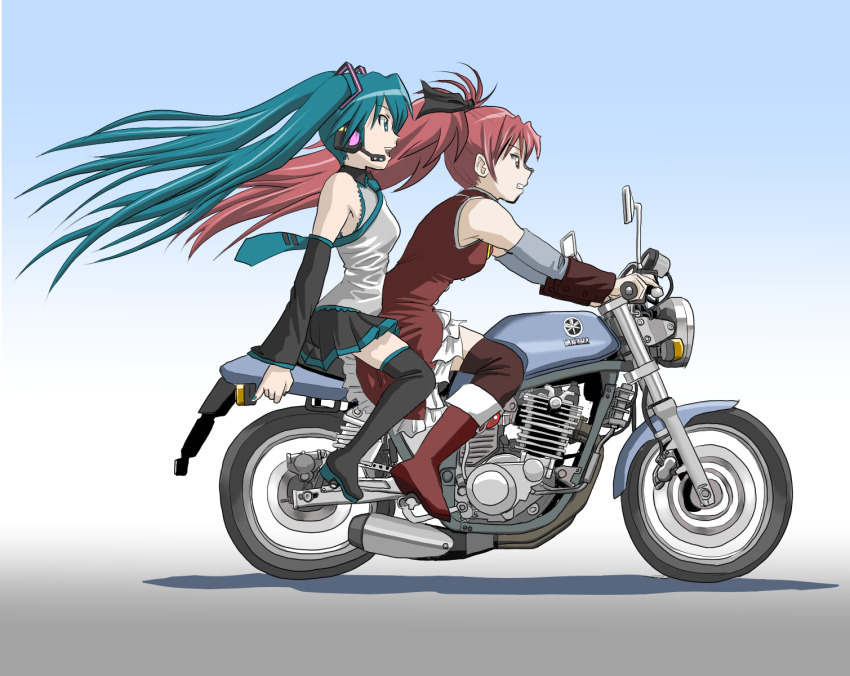 2girls aqua_eyes aqua_hair aqua_nails aqua_necktie black_ribbon black_skirt black_sleeves boots detached_sleeves dress grey_shirt hatsune_miku headset highres knives_(knives777) long_hair mahou_shoujo_madoka_magica motor_vehicle motorcycle multiple_girls necktie ponytail red_dress red_eyes red_hair ribbon sakura_kyoko sakura_kyoko_(magical_girl) shirt skirt thigh_boots thighhighs twintails very_long_hair vocaloid yamaha zettai_ryouiki