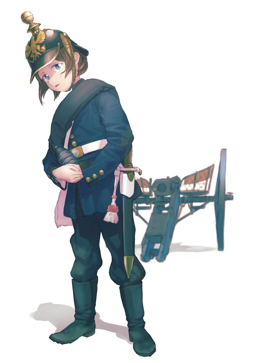 1girl absurdres antique_cannon bag bayonet belt black_boots black_pants blue_eyes blue_jacket boots brown_hair buttons cannon cannonball chin_strap combat_helmet commentary english_commentary full_body helmet highres holding jacket karasumi_(sumizono) long_sleeves looking_at_viewer messenger_bag military military_uniform mixed-language_commentary open_mouth original pants pickelhaube prussia scabbard shadow sheath sheathed short_hair shoulder_bag simple_background soldier solo standing sweat sweatdrop weapon white_background white_bag white_belt