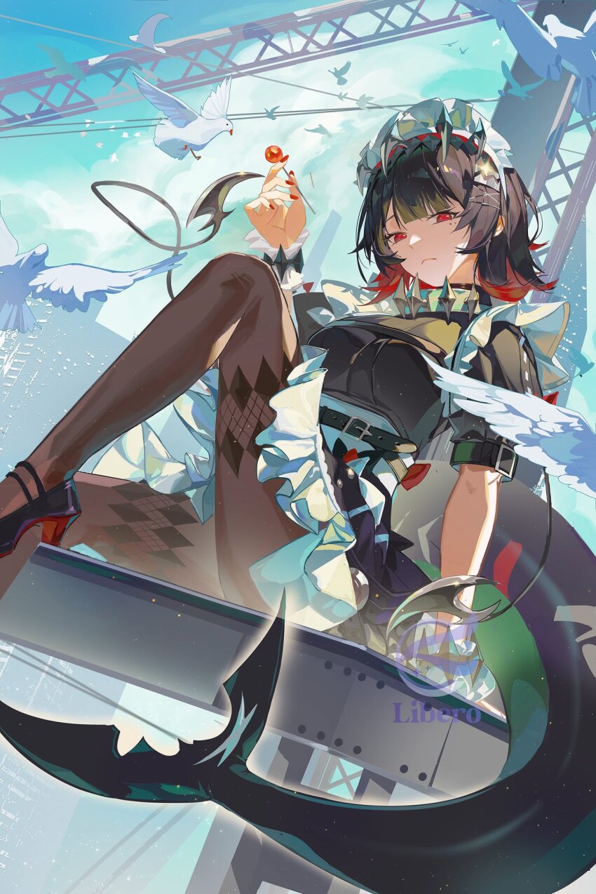 1girl apron artist_name bird black_dress black_hair black_pantyhose blue_sky breasts candy commentary dove dress ellen_joe english_commentary fins fish_tail food high_heels highres holding holding_candy holding_food holding_lollipop libero_art lollipop maid maid_apron maid_headdress medium_breasts multicolored_hair outdoors pantyhose red_eyes red_hair red_nails shark_girl shark_tail short_hair sitting sky solo tail two-tone_hair white_apron wrist_cuffs zenless_zone_zero