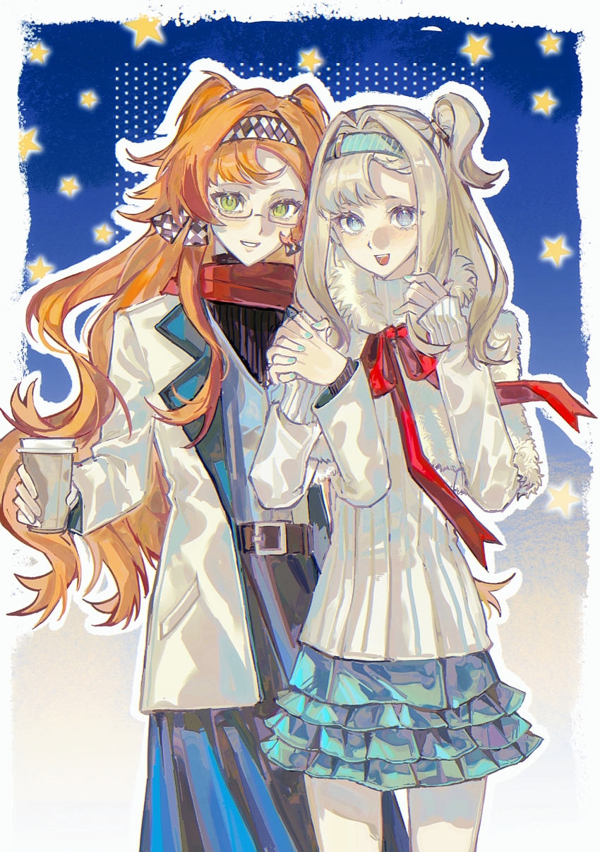 2girls absurdres blue_eyes blue_nails blue_skirt contemporary cup green_eyes grey_hair highres holding holding_cup holding_hands jacket matilda_bouanich multiple_girls orange_hair red_ribbon red_scarf reverse:1999 ribbon sangyu-feiwan scarf side_ponytail skirt sonetto_(reverse:1999) star_(symbol) sweater upper_body white_jacket white_sweater yuri