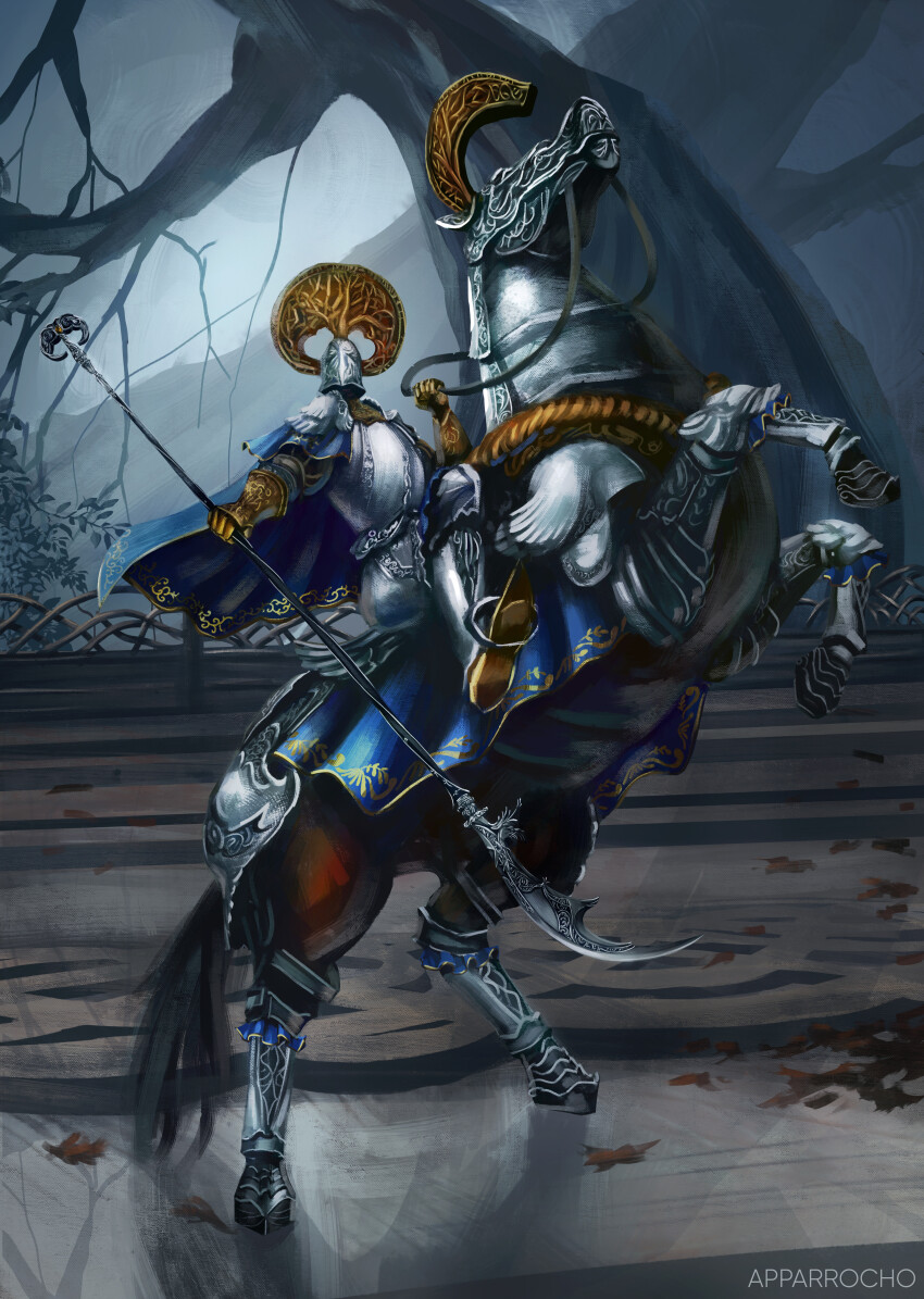 1girl absurdres apparrocho armor artist_name bare_tree commentary elden_ring english_commentary fantasy glaive_(polearm) gold gold_trim highres holding holding_weapon horse horse_stance knight looking_at_viewer loretta_knight_of_the_haligtree polearm standing tree weapon