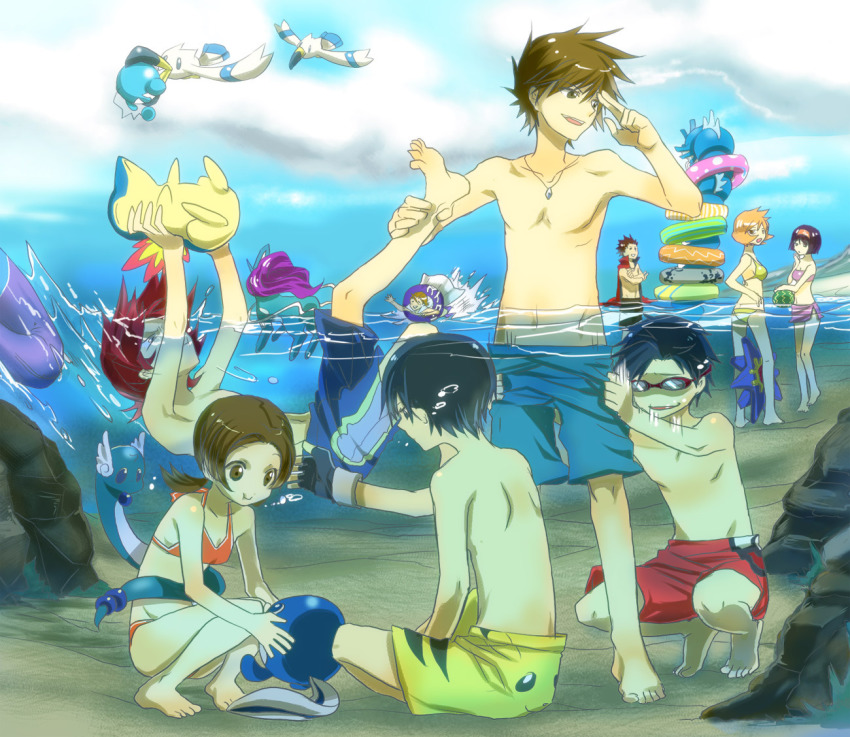 00s 1990s_(style) 3girls 6+boys :t armpits artistic_error assisted_exposure ball barefoot beach beachball bikini blue_oak bubble cape creature_as_food cyndaquil day dragonair erika_(pokemon) ethan_(pokemon) eusine_(pokemon) feet food fruit gen_1_pokemon gen_2_pokemon gen_3_pokemon gloves goggles gyarados gym_leader innertube jewelry kuronomine lance_(pokemon) legendary_pokemon lyra_(pokemon) marill misty_(pokemon) multiple_boys multiple_girls nintendo outdoors pantsing pendant pikachu poke_ball pokemon pokemon_(creature) pokemon_hgss pokemon_rgby pokemon_rse poliwag red_(pokemon) retro_artstyle silver_(pokemon) starmie suicune swim_ring swimsuit toes underwater undressing water watermelon wingull