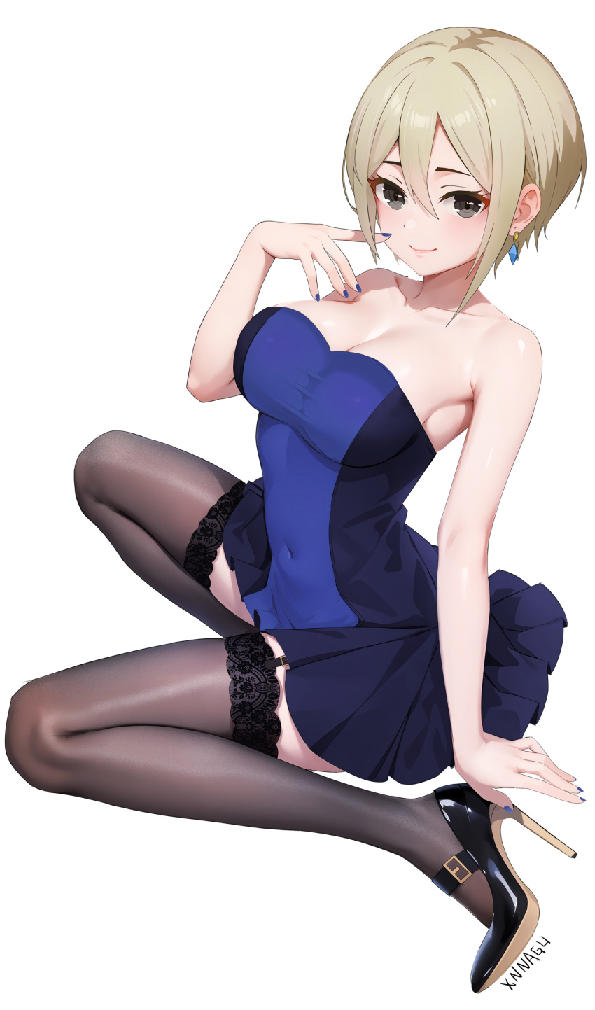 1girl absurdres bare_arms bare_shoulders black_shoes black_thighhighs blonde_hair blue_dress blue_nails blush closed_mouth covered_navel dress finger_to_cheek grey_eyes hair_between_eyes high_heels highres idolmaster idolmaster_cinderella_girls looking_at_viewer shiomi_syuko shoes short_hair sidelocks sitting sleeveless sleeveless_dress smile solo thighhighs wariza xnnagu