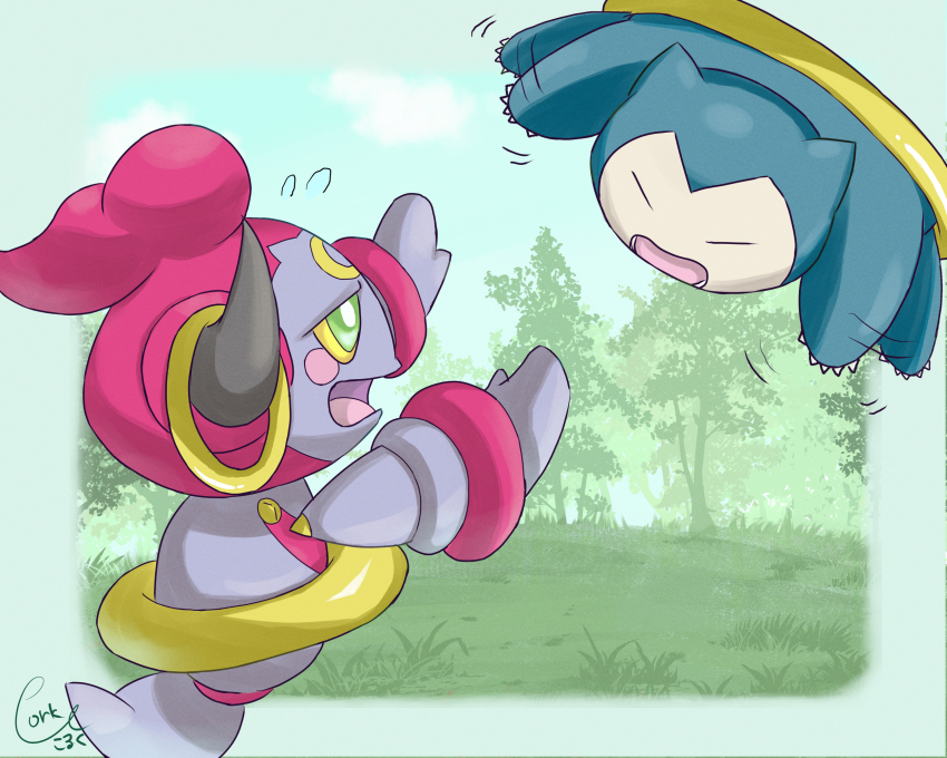 artist_request creepy earrings forest gen_1_pokemon gen_6_pokemon highres hoop_earrings hoopa hoopa_(confined) horns jewelry legendary_pokemon looking_at_another mythical_pokemon nature nintendo no_humans open_mouth pokemon pokemon_(creature) portal_(object) shaded_face sharp_teeth sky smile snorlax stuck stuck_in_object teeth