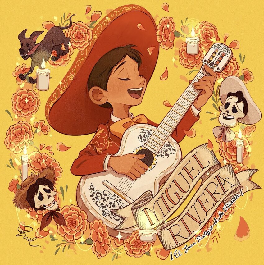3boys bow bowtie brown_hair candle character_name coco_(disney) dante_(coco) dark-skinned_male dark_skin dog ernesto_de_la_cruz flower guitar hat hector_rivera highres holding holding_guitar holding_instrument instrument jacket melchencanto mexican_clothes miguel_rivera multiple_boys open_mouth orange_bow orange_bowtie orange_flower orange_petals red_hat red_jacket shirt short_hair signature simple_background skull teeth upper_teeth_only white_shirt yellow_background