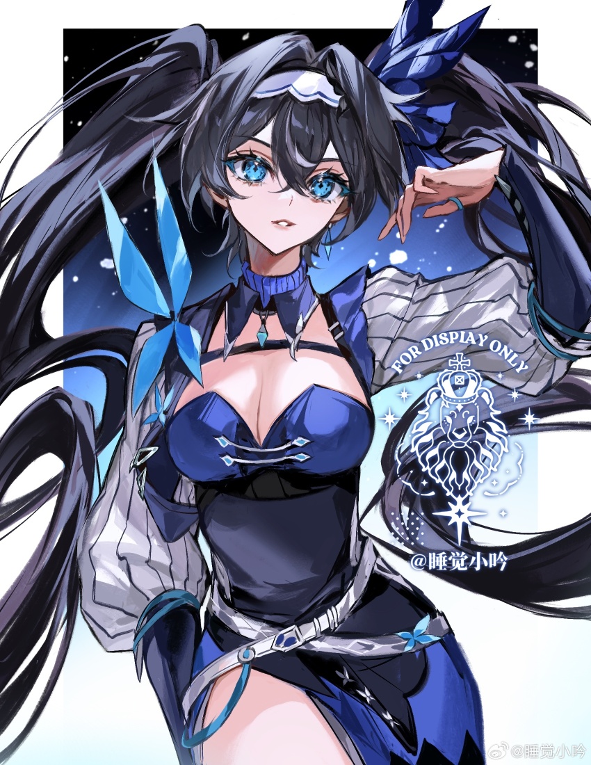 1girl asymmetrical_dress belt belt_buckle black_hair black_sleeves blue_butterfly blue_collar blue_dress blue_eyes breasts buckle bug butterfly butterfly_hair_ornament butterfly_on_shoulder check_copyright chinese_commentary cleavage cleavage_cutout clothing_cutout collar commentary_request copyright_request cowboy_shot detached_collar dress hair_flip hair_ornament hairband hand_in_own_hair hand_on_own_leg highres insect jewelry large_breasts layered_sleeves long_eyelashes long_hair long_sleeves looking_at_viewer night night_sky original parted_lips puffy_long_sleeves puffy_sleeves red_lips ring sample_watermark sky snowing solo turtleneck turtleneck_dress twintails vertical-striped_sleeves very_long_hair watermark weibo_watermark weibo_watermark white_background white_belt white_hairband white_sleeves zi_yin