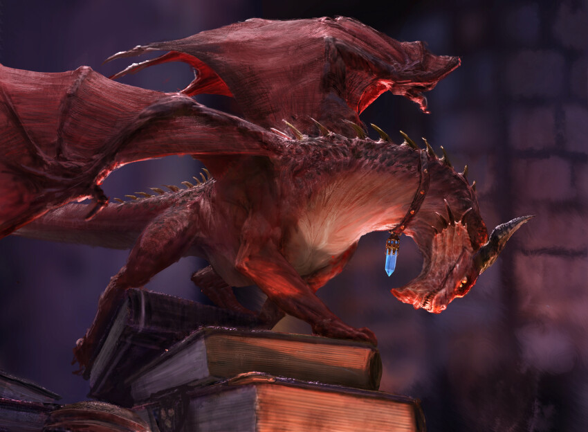 absurdres animal_focus blurry blurry_background book campbell_white choker commentary crystal dragon dungeons_&amp;_dragons english_commentary from_side full_body highres horns indoors magic:_the_gathering minimized monster no_humans official_art pseudodragon scales sharp_teeth slit_pupils small_dragon solo teeth western_dragon wings yellow_eyes