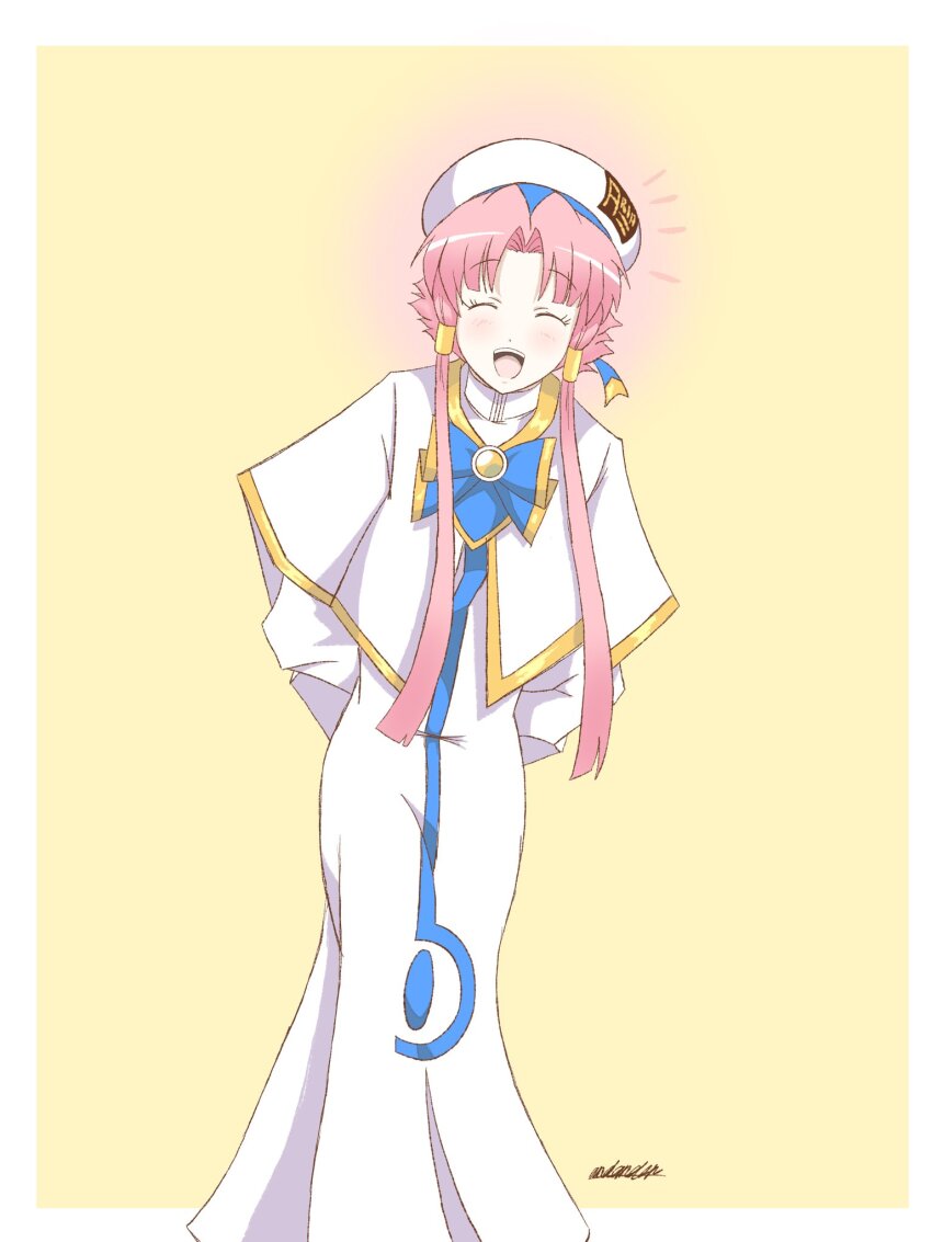 1girl andanden aria_(manga) aria_company_uniform blue_bow blue_bowtie blue_ribbon blush border bow bowtie capelet closed_eyes dress eyelashes feet_out_of_frame gloves gold_trim hair_tubes hat hat_ribbon highres long_dress long_sleeves looking_at_viewer mizunashi_akari open_mouth parted_bangs pink_hair ribbon short_hair_with_long_locks signature solo tan_background teeth undine_(aria) upper_teeth_only white_border white_capelet white_dress white_hat