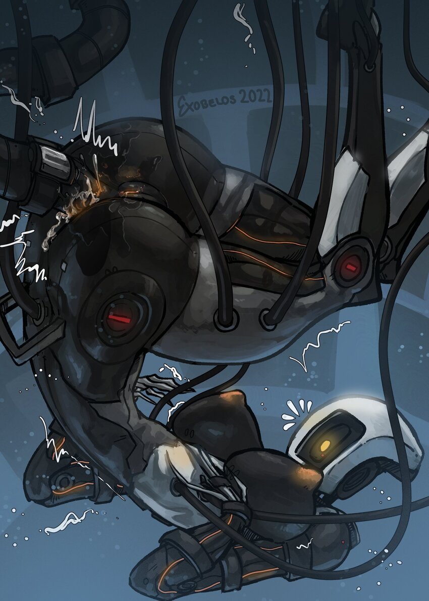 1girl breasts cable cleft_of_venus exobelos glados hanging highres large_breasts nipples object_insertion personification portal_(series) portal_1 robot robot_girl robot_penis solo trembling upside-down vaginal vaginal_object_insertion