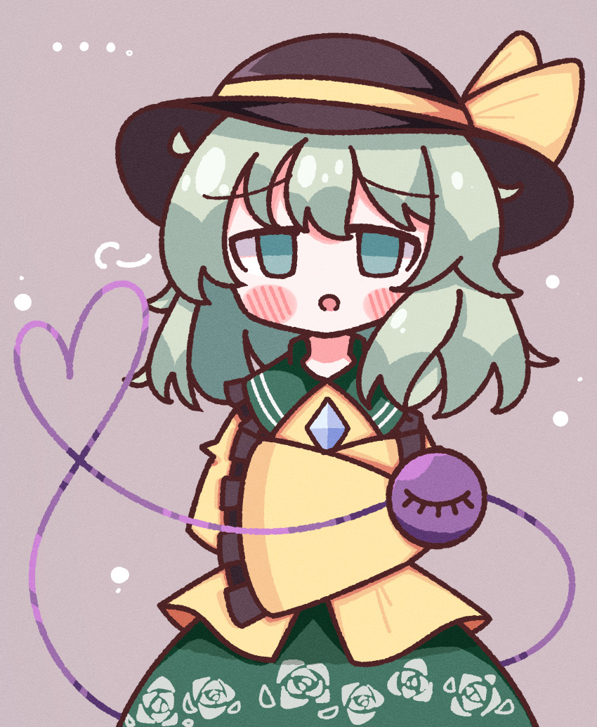 ... 1girl :o absurdres black_hat blush bow buttons crossed_arms diamond_button floral_print frilled_shirt_collar frilled_sleeves frills green_eyes green_hair green_skirt hair_between_eyes hat hat_bow heart heart_of_string highres komeiji_koishi light_green_hair long_sleeves looking_at_viewer medium_hair open_mouth puff_of_air rose_print shirt sigh simple_background skirt sleeves_past_fingers sleeves_past_wrists solo third_eye touhou waroemon yellow_bow yellow_shirt