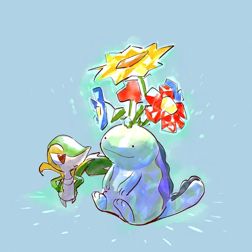 :t black_eyes closed_mouth commentary gen_2_pokemon gen_5_pokemon glowing go-lurk grey_background highres nintendo no_humans pokemon pokemon_(creature) pout quagsire red_eyes sitting smile snivy terastallization