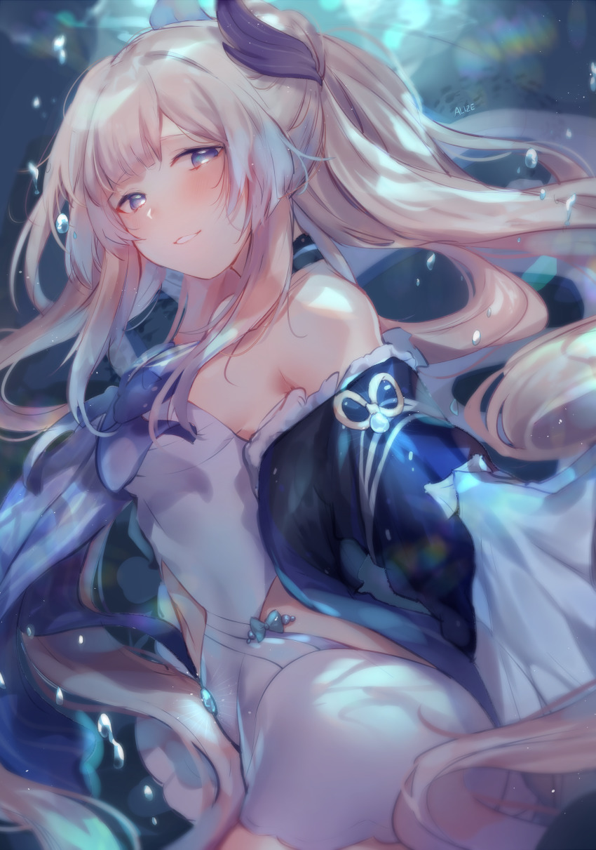 1girl absurdres allze bare_shoulders blue_eyes blunt_bangs bow bubble detached_sleeves dress fins from_side genshin_impact gradient_hair hair_ornament highres long_hair multicolored_hair navel ocean pink_hair ribbon sangonomiya_kokomi solo strapless strapless_dress underwater water white_dress wide_sleeves